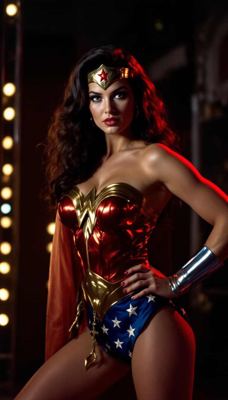 AI generated: 1980's Wonder Woman costume, woman resembling Lynda Carter, striking a heroic pose, dark room ambian...