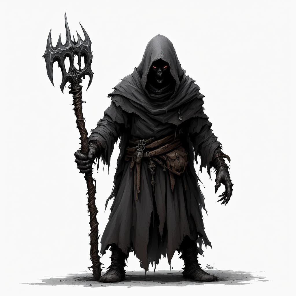 AI generated: darkest dungeon caretaker, hooded figure, concept art