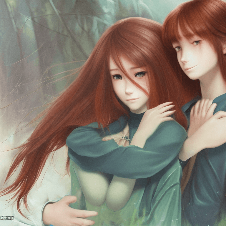 AI generated: a close up of a boy and a girl sitting together and hugging in a forest. girl has long flowing red h...