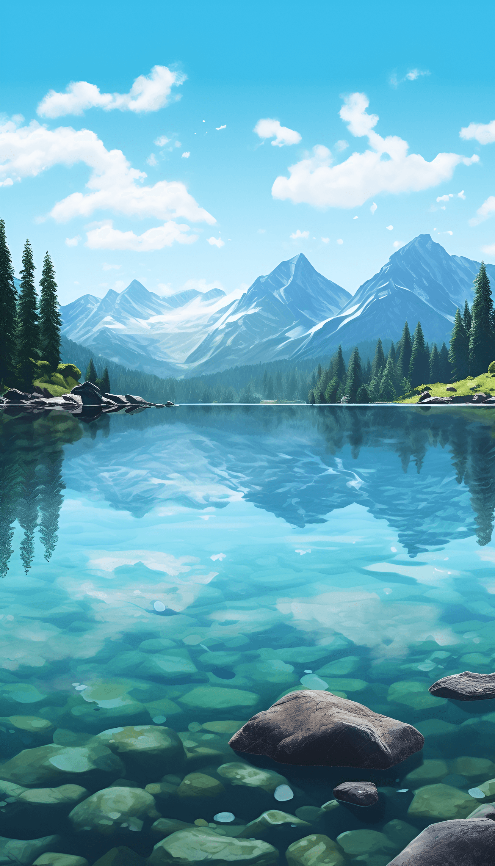 AI generated: Illustration of A crystal-clear mountain lake reflecting the surrounding scenery. Panning shot, Spac...