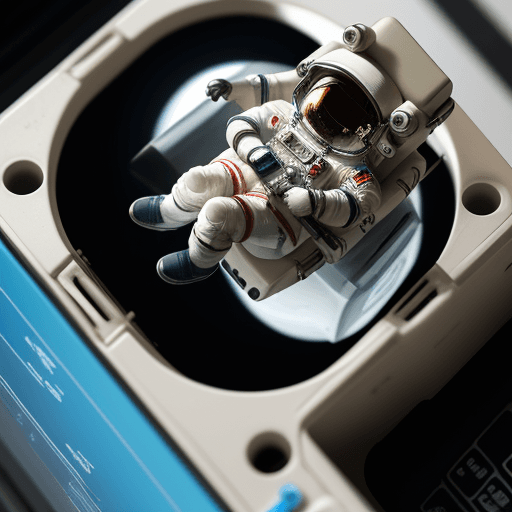 AI generated: a miniature astronaut trying to break through few lines of computer code 