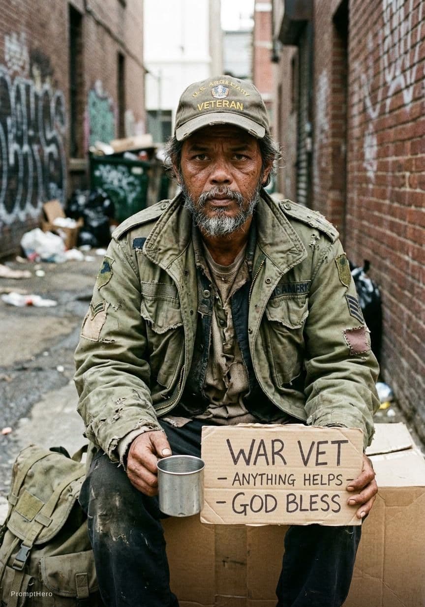 AI generated: weather worn dirty old war veteran, homeless and living on the streets, 