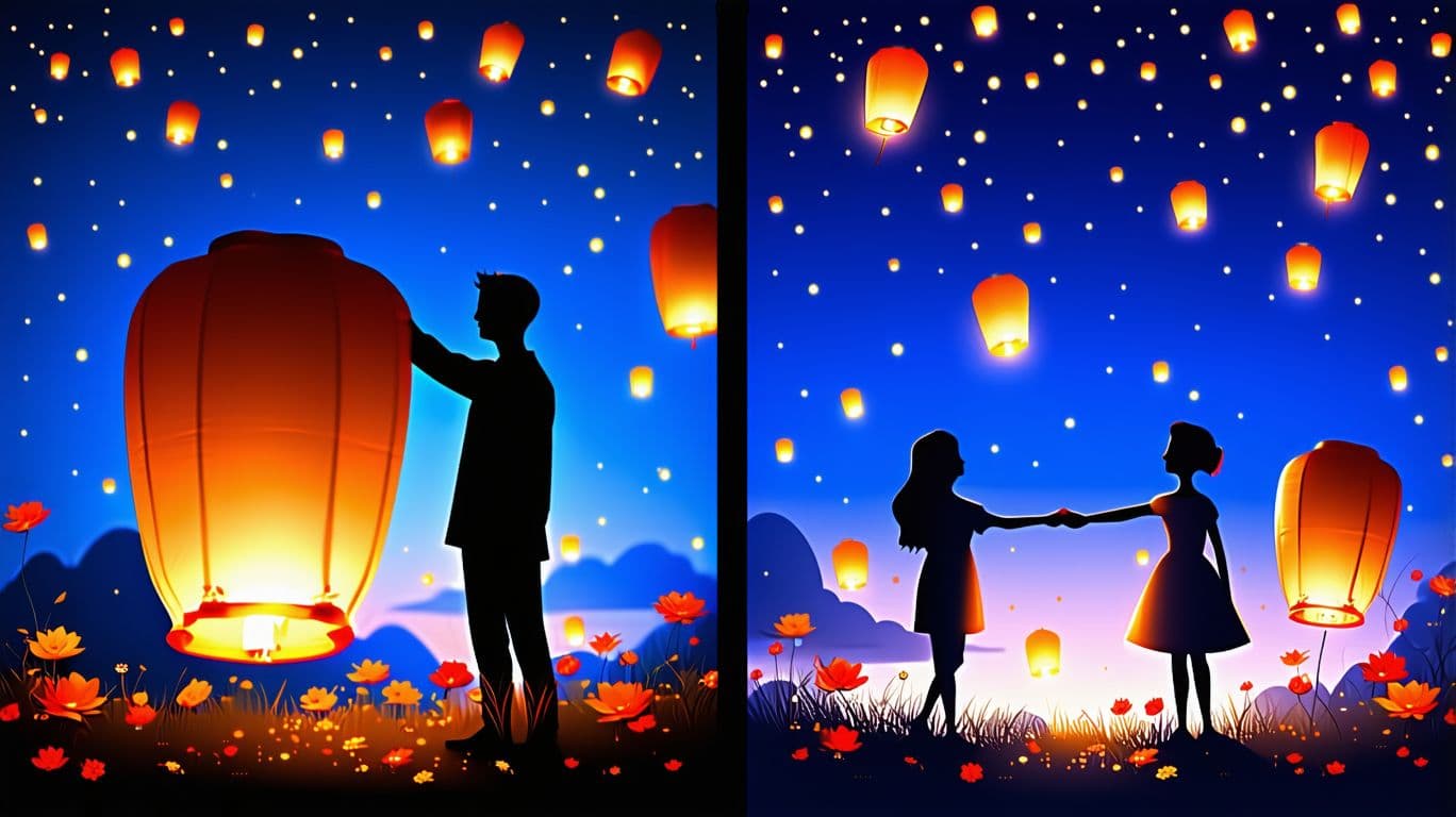 AI generated: Deep blue sky, orange, Kongming lanterns flying in the sky, late at night girl and boy in love , flo...