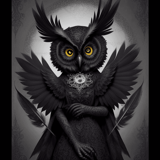 AI generated: A gothic-inspired owl with elaborate feathers and dark, mystical elements