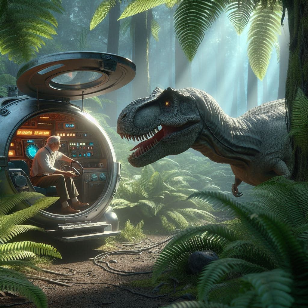 AI generated: A T-Rex sniffing a man in a time machine, background is a fern Jungle. photorealistic 3d digital art