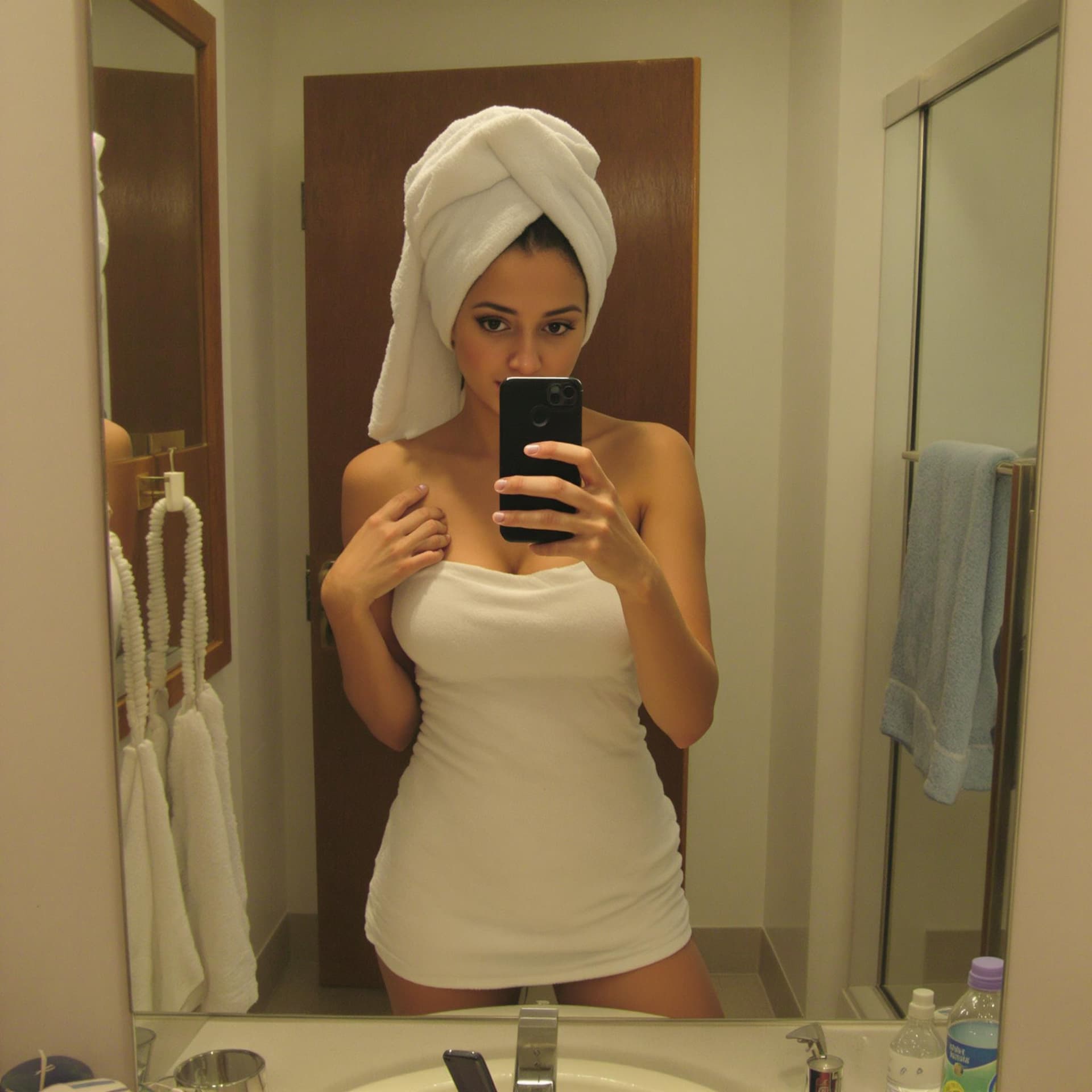 AI generated: low quality phone photo, , a girl  realistic, atracttive, sexy, amateur, credible, , truly, in bathr...