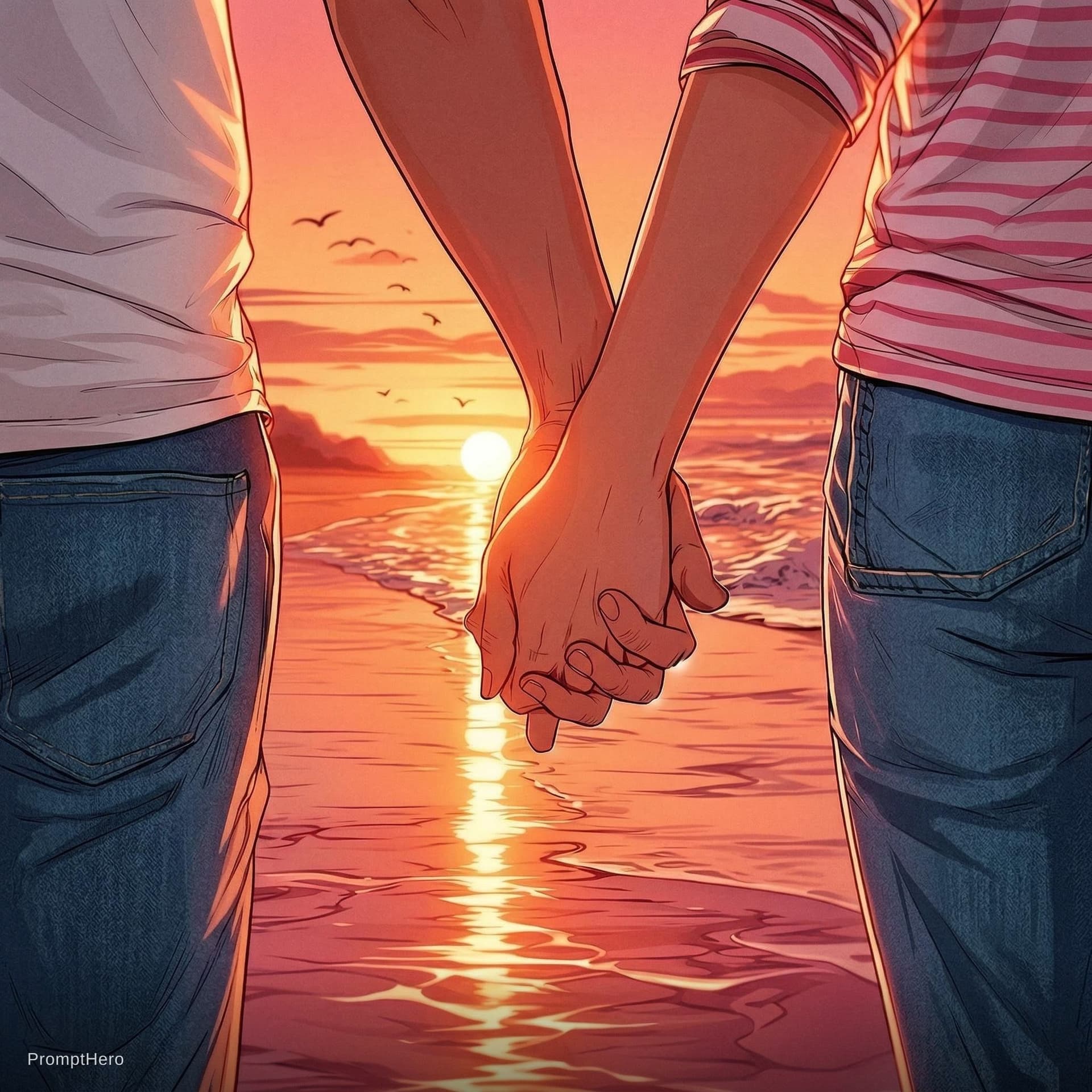AI generated: Two individuals, depicted from the waist down, are holding hands firmly at the center of the frame. ...