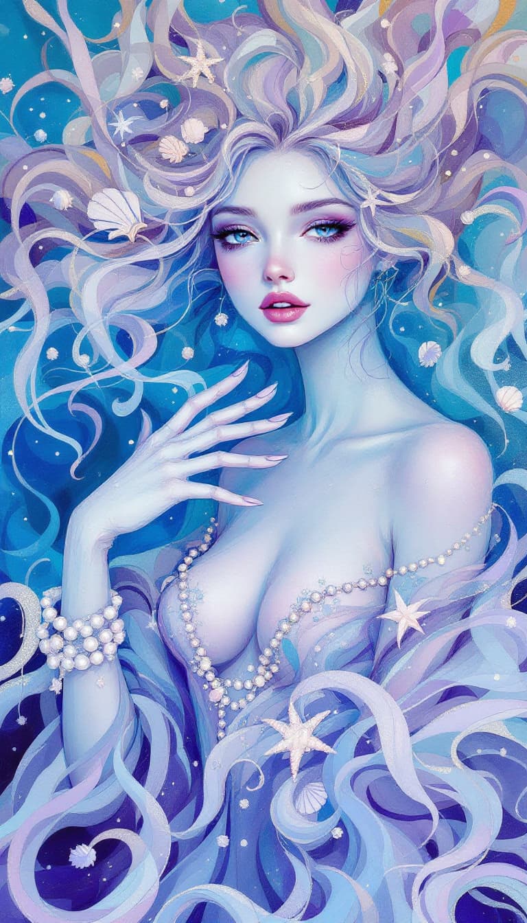 AI generated: "Amethyst Siren in a Shimmering Sea": A mesmerizing abstract painting features a siren, exuding both...
