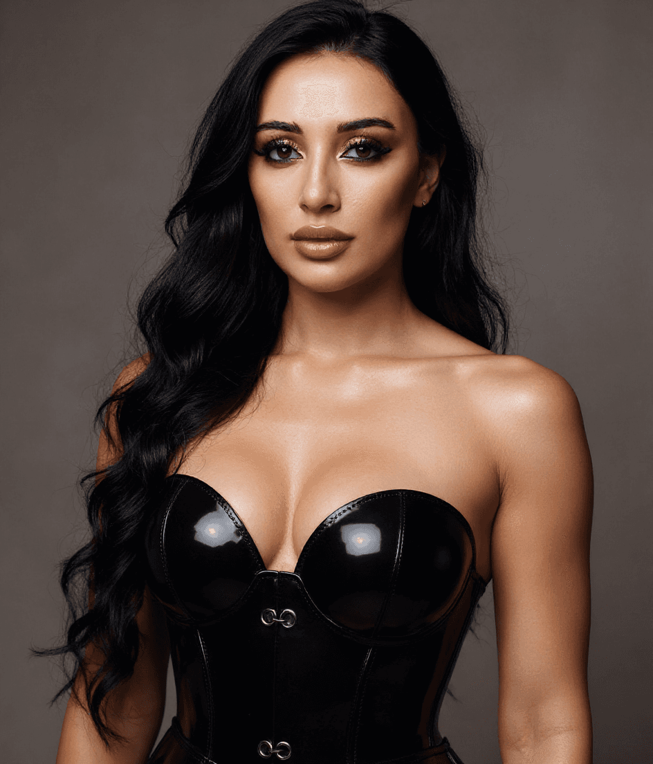 AI generated: generate sexy ai model , ultra realistic , glossy tanned skin , Adrian glossy corset with big breast