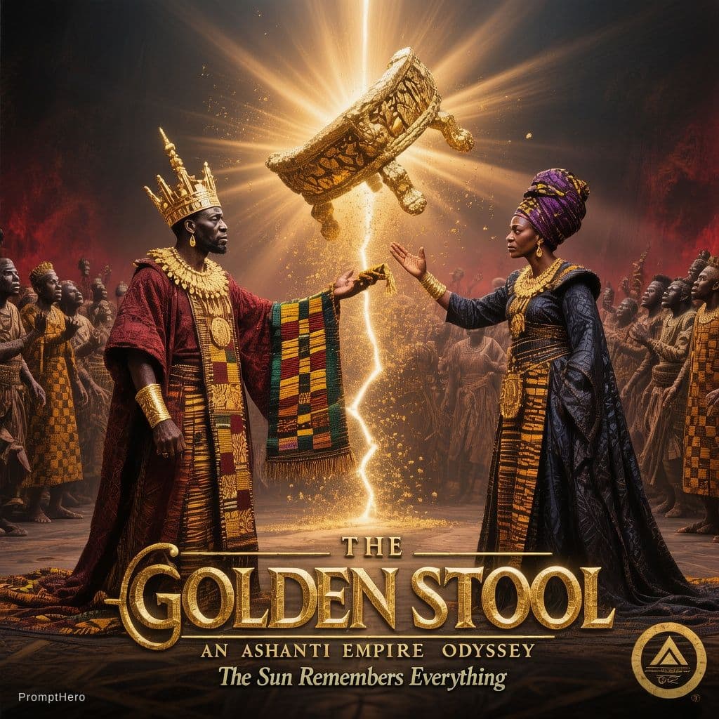 AI generated: Cinematic movie poster for "The Golden Stool: An Ashanti Empire Odyssey," Episode 9 — "What Fire Lea...