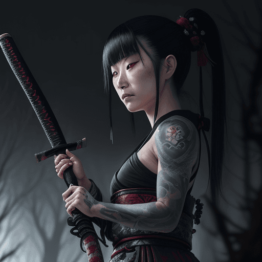 AI generated: Japan, Akane, a mysteriously tattooed samurai, is called upon to protect her people from a supernatu...