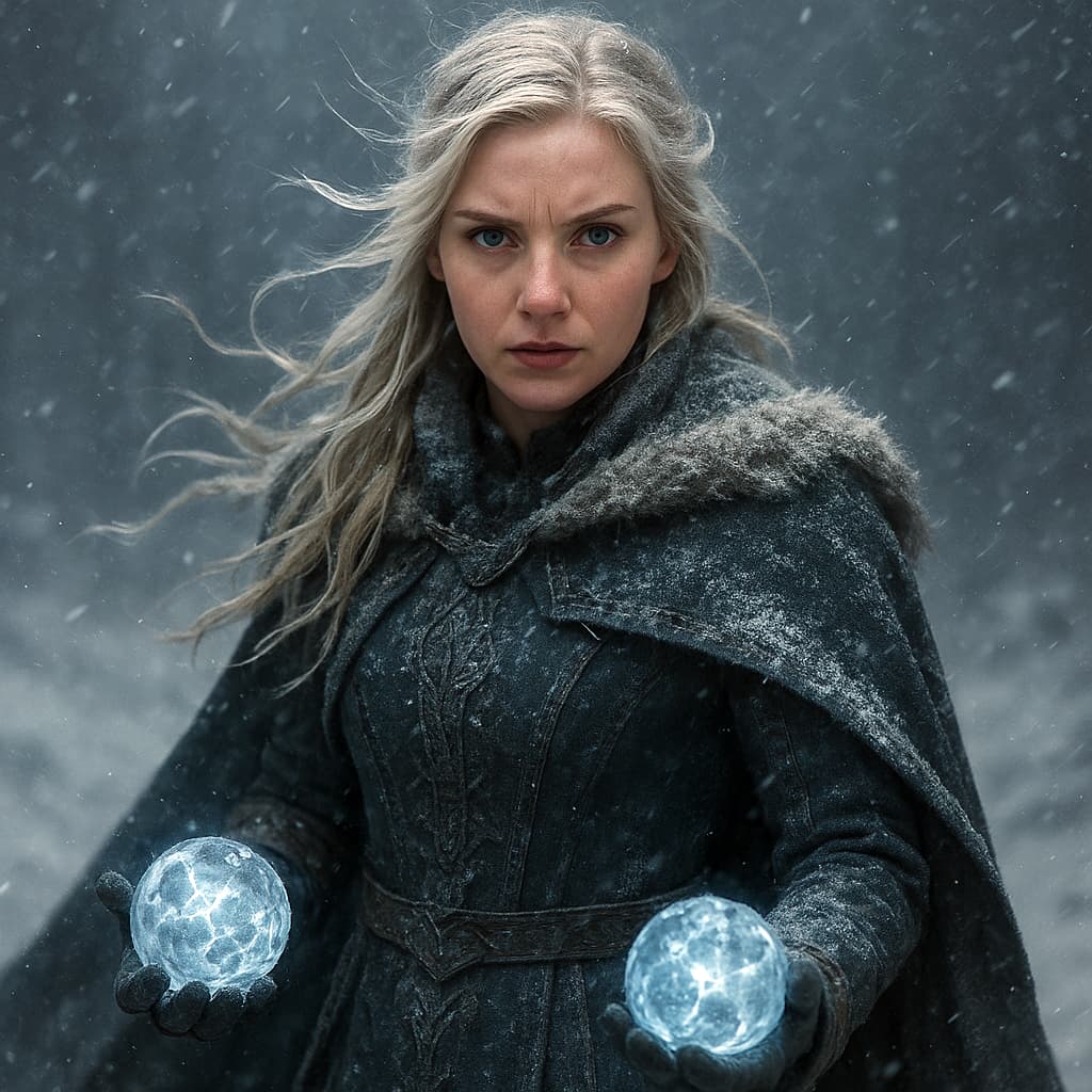 AI generated: An ancient ice sorceress stands alone at the center of a violent winter storm, captured as if photog...