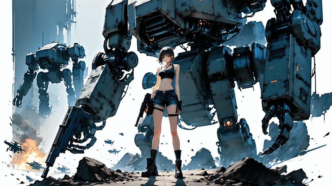 AI generated: In the style of Yoji Shinkawa, full body shot of a young beautiful European woman with gun and her l...