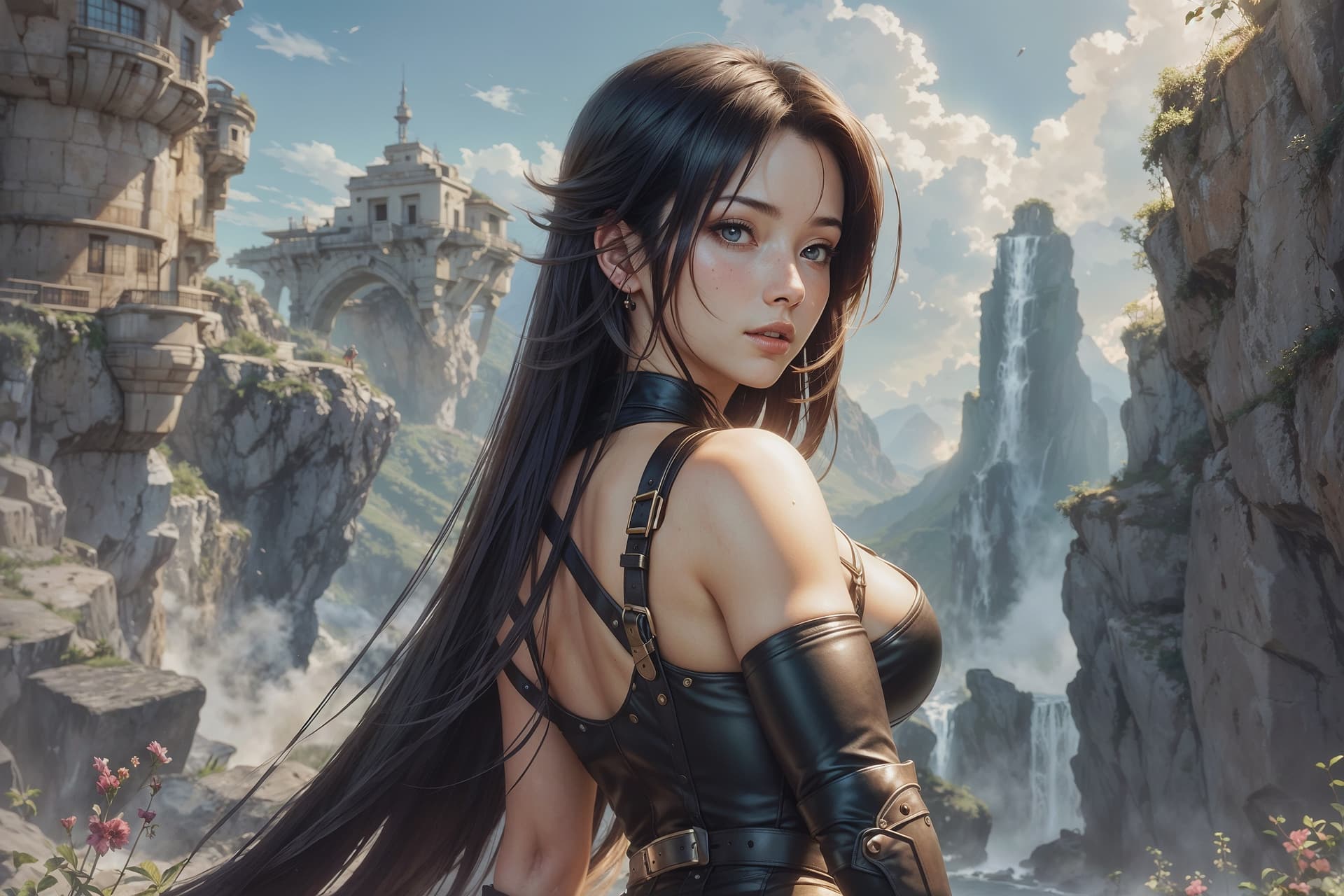 AI generated: Tifa Lockhart showing her body, with her flawless complexion and svelte figure, is depicted in exqui...