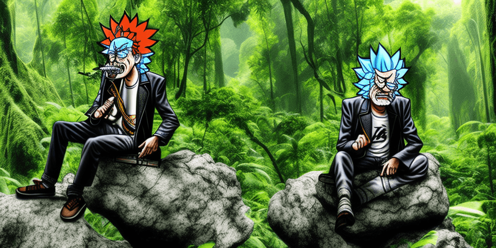 AI generated: rick sanchez in samurai hat smoking blunt on big rock in the jungle