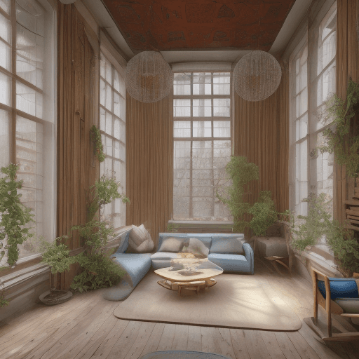AI generated: High resolution photography interior design, dreamy sunken living room conversation pit, wooden floo...