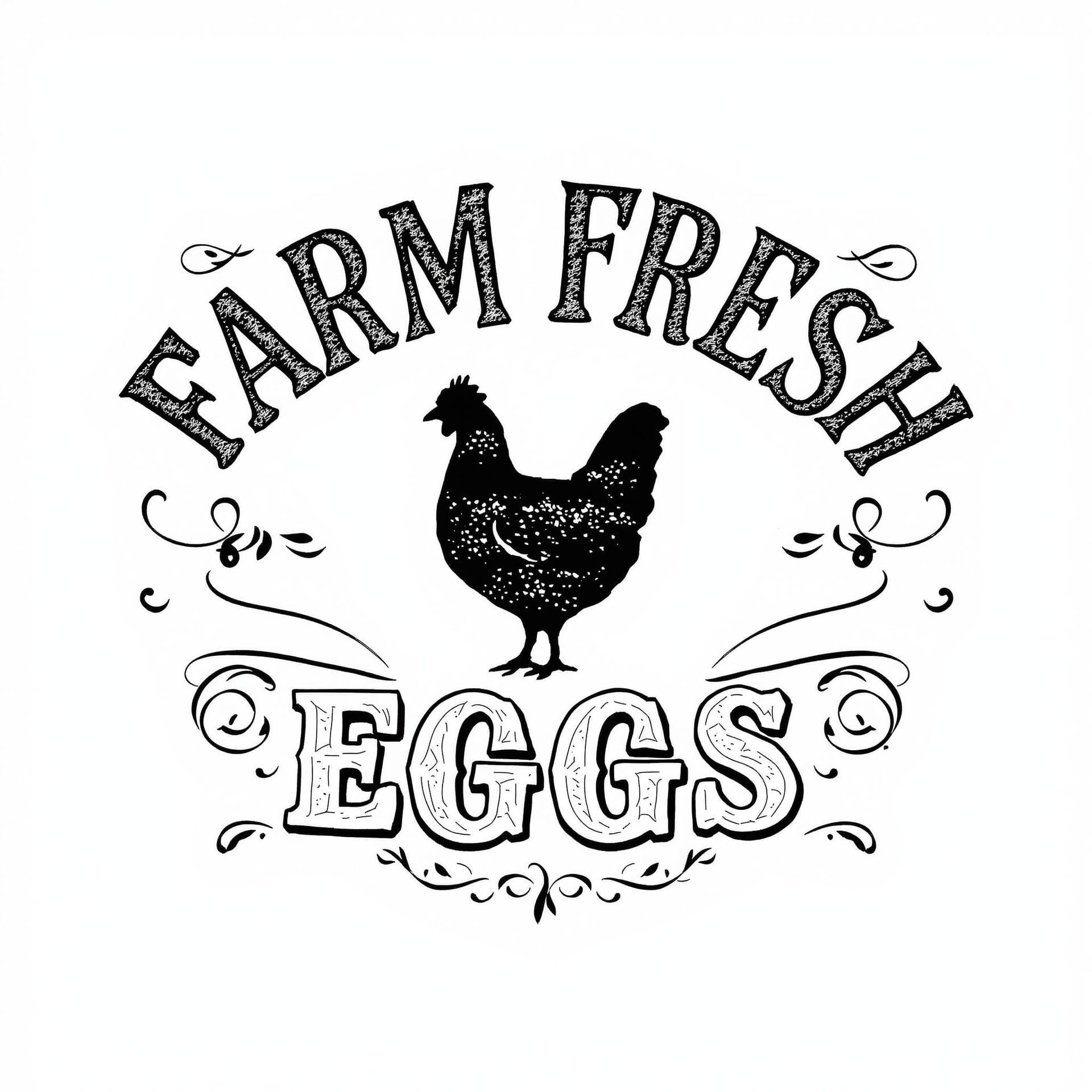 AI generated: Create a vintage-style graphic design featuring the text "FARM FRESH EGGS" with a silhouette of a he...
