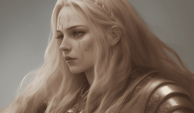 AI generated: Viking warrior woman with braided hair, wearing war paint on her face, gold accessories in her long ...