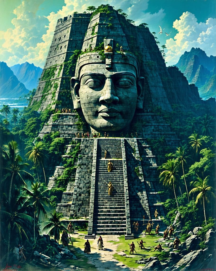 AI generated: Create an image of explorers ((giant Mayan face carved into a mountain overlooking a jungle city of ...