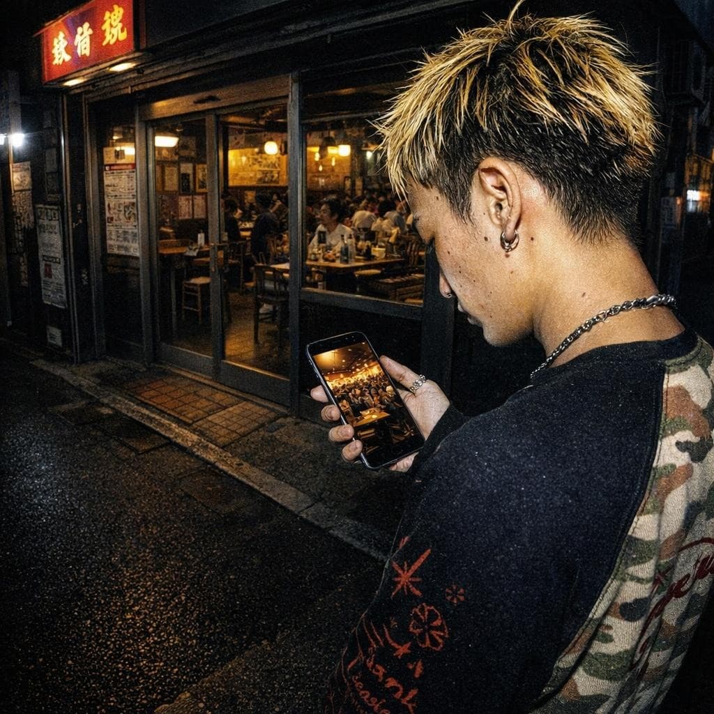 AI generated: urban restaurant exterior at night, harsh direct flash photography, gritty candid street scene

a pe...