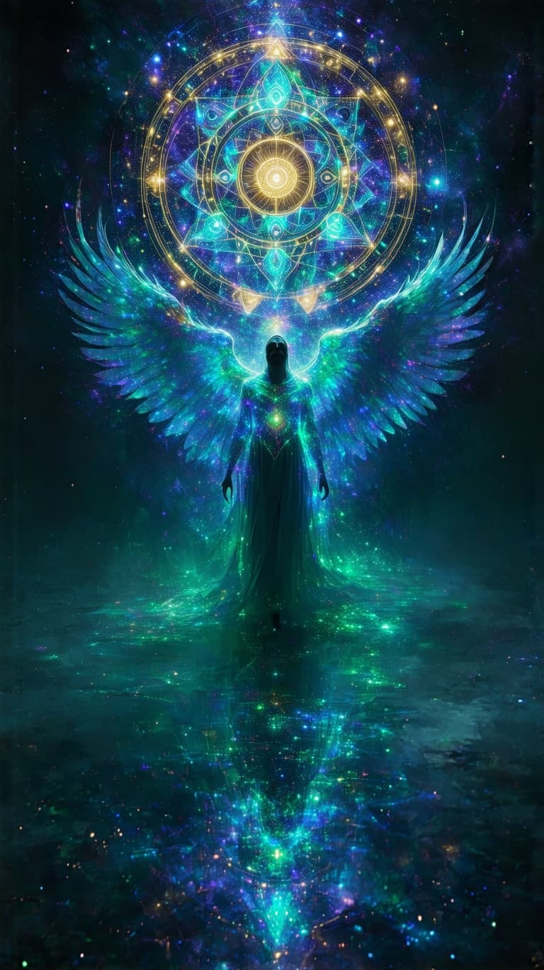 AI generated: A luminous, divine figure floats at the center of an infinite cosmic mandala, their form seamlessly ...