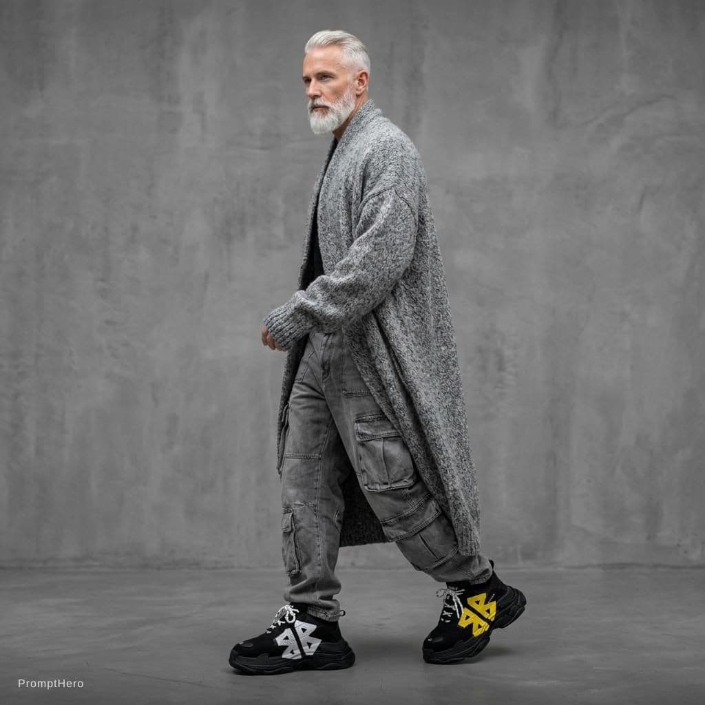 AI generated: capturing a model, silver and white color, man wearing an long loose cardigan, matte grey, washing c...