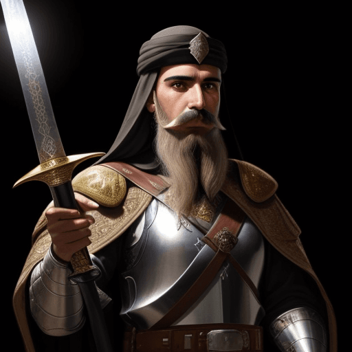 AI generated: male medieval muslim commander holding a sword in the gazing light of darkness having a long light b...