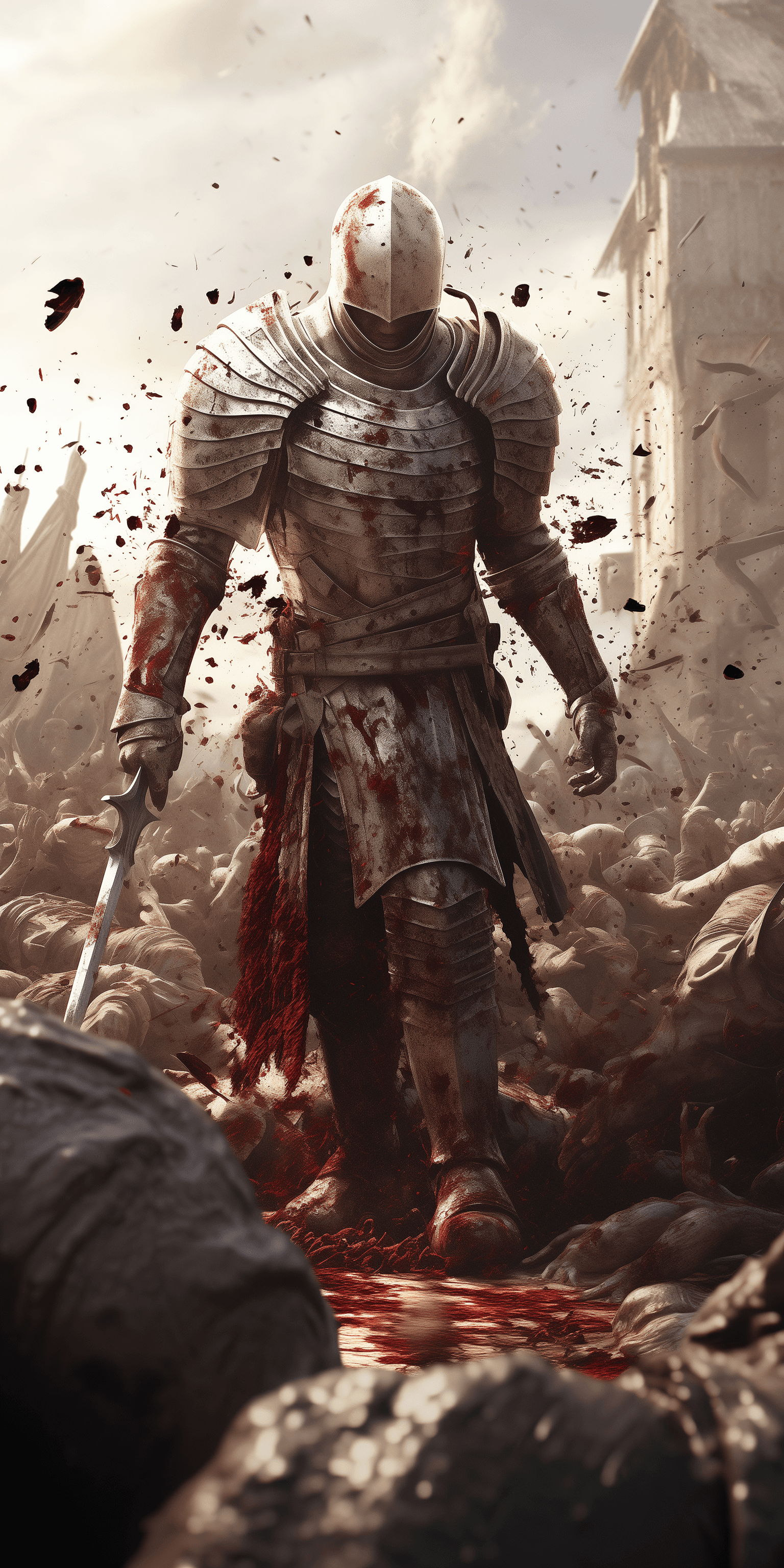 AI generated: a hyper-realistic CGI 3D render showcasing a first-person perspective of a knight in shining steel a...