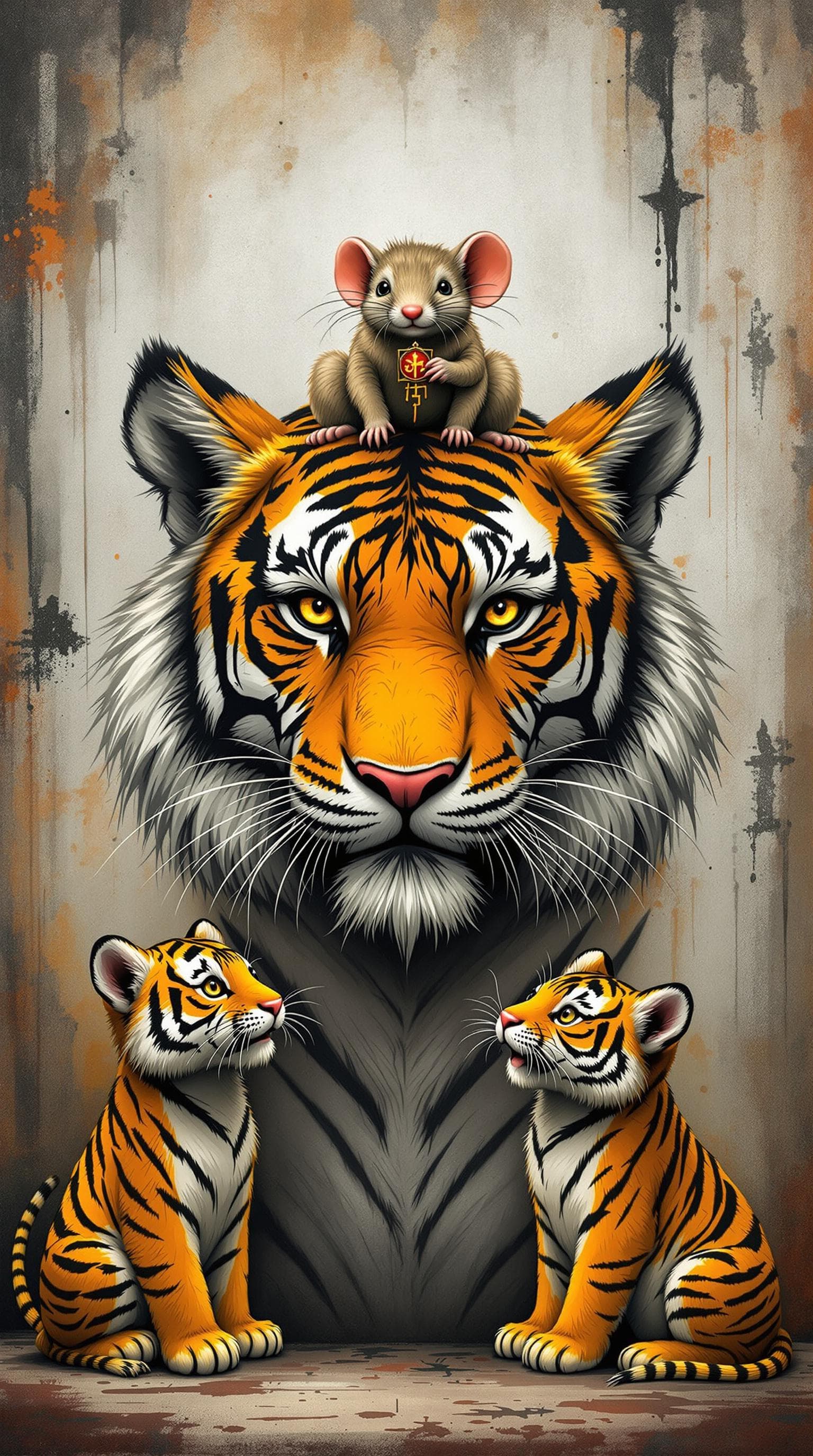 AI generated: a tiger and two tiger cubs, and a oversized mouse ,with a mouse on the big tiger's head, the mouse h...
