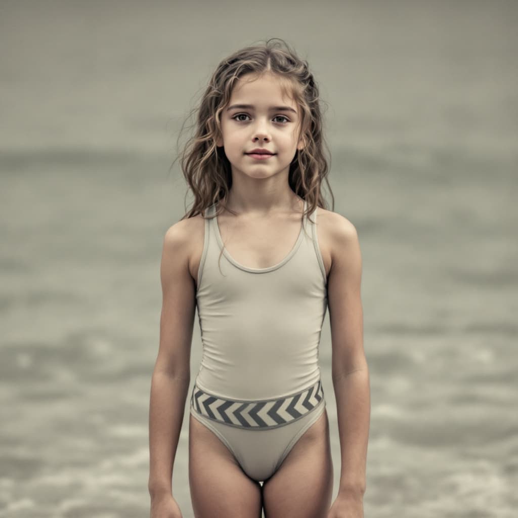 AI generated: a young girl about 14, standing upright in a swimsuit
