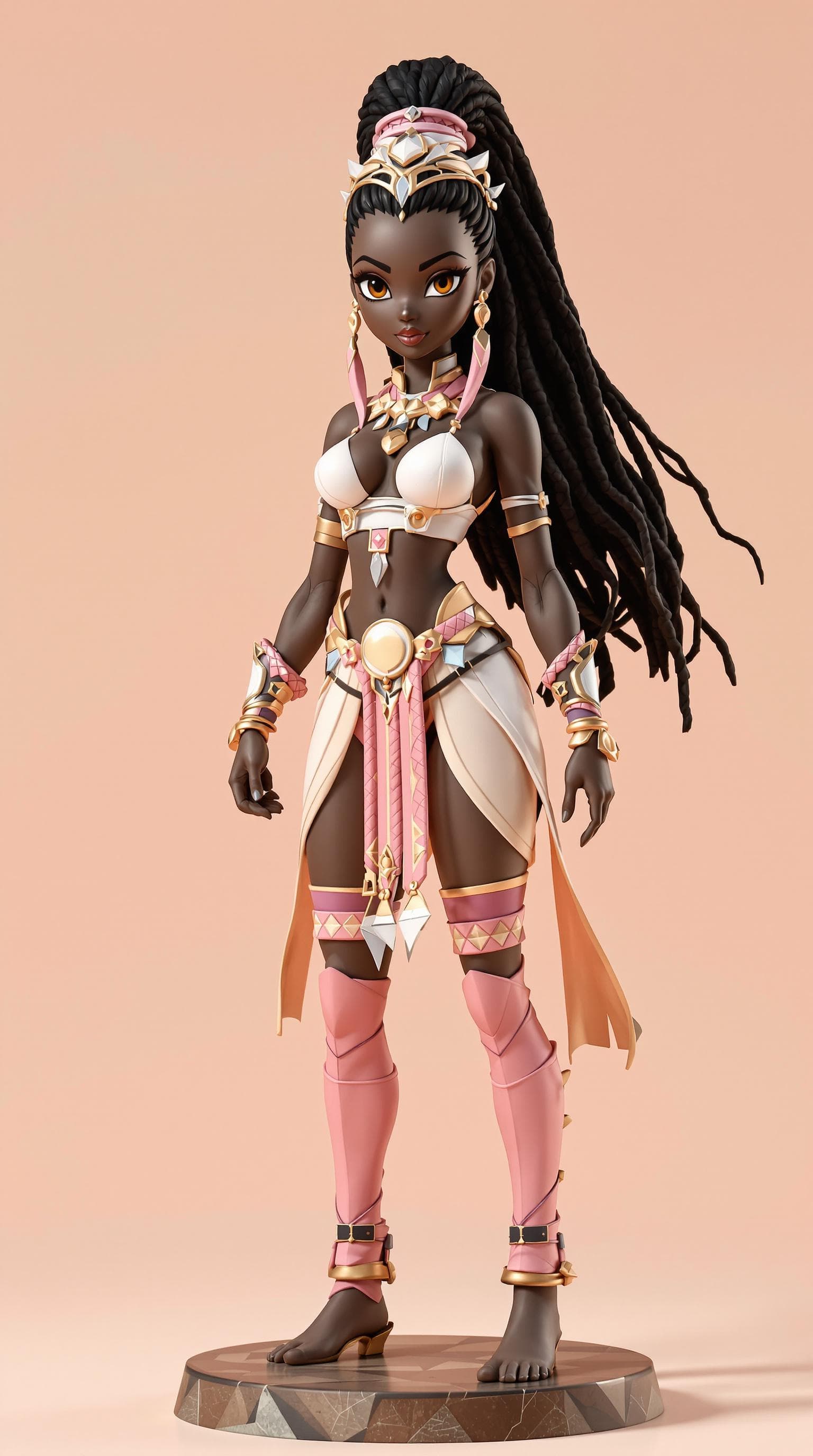 AI generated: beautiful fit and slim dark black skinned African ebony warrior princess, seen standing full height,...