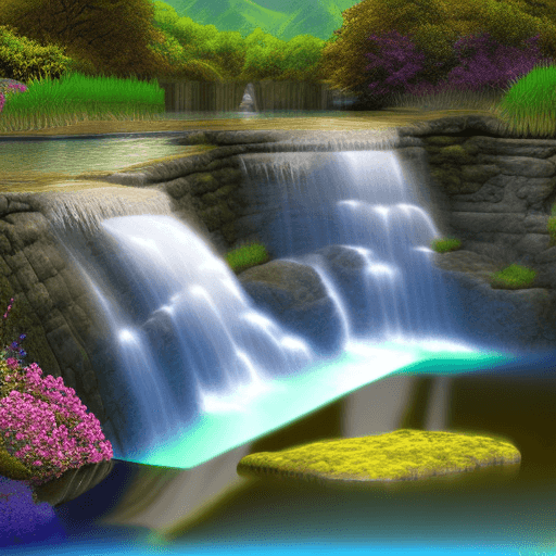 AI generated: High resolution art mountains waterfall pond, digital art