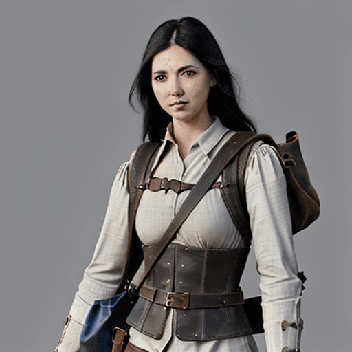 AI generated: gun in hand, medieval, engineer, leather jerkin, Pouch over shulder, bag over shulder, Women, black ...