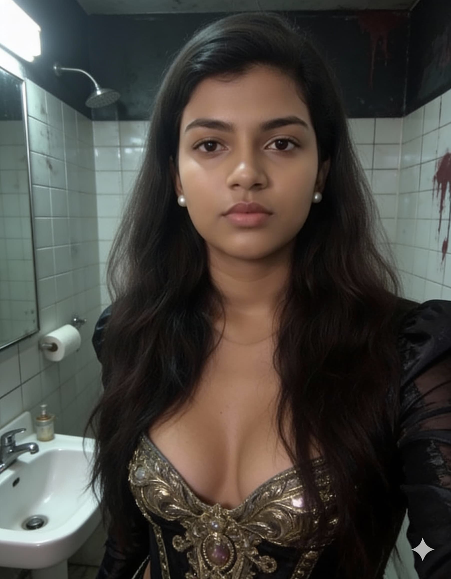 AI generated: a cute 21-year-old American lady in her bathroom taking a pic, the photo evokes a sense of edge, nih...