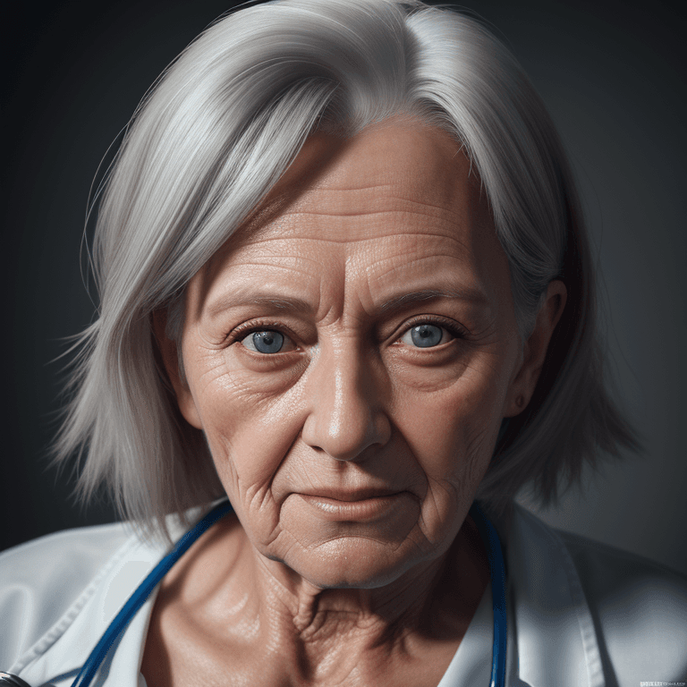 AI generated: hyper realistic headshot photo of a elderly nurse, looking into the camera, hyper realism, high deta...