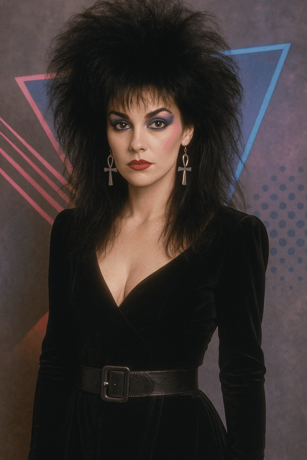 AI generated: Crée une photographie d’un personnage inspiré par l’esthétique gothique et glamour des années 1980, ...