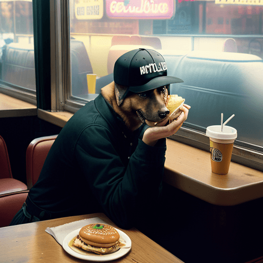 AI generated: a lonely and depressed german shepherd wearing a baseball cap eating a hamburger and fries beside th...