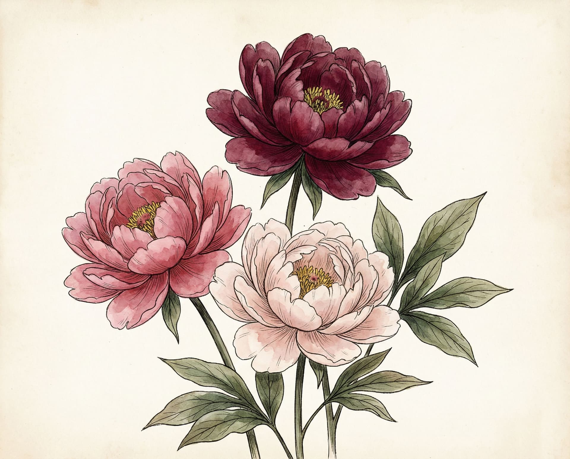 AI generated: A vintage botanical illustration of peony flowers in a classic hand-painted watercolor style.
Three ...
