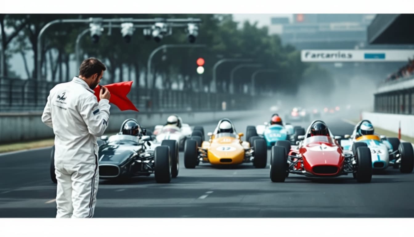 AI generated: At the starting line there are 5 racing cars - cars with different club logos.     The camera looks ...