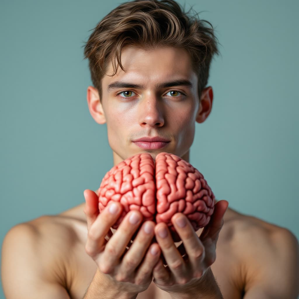AI generated: a very skinny college age guy holds a brain in his hands and presents it proudly to the camera