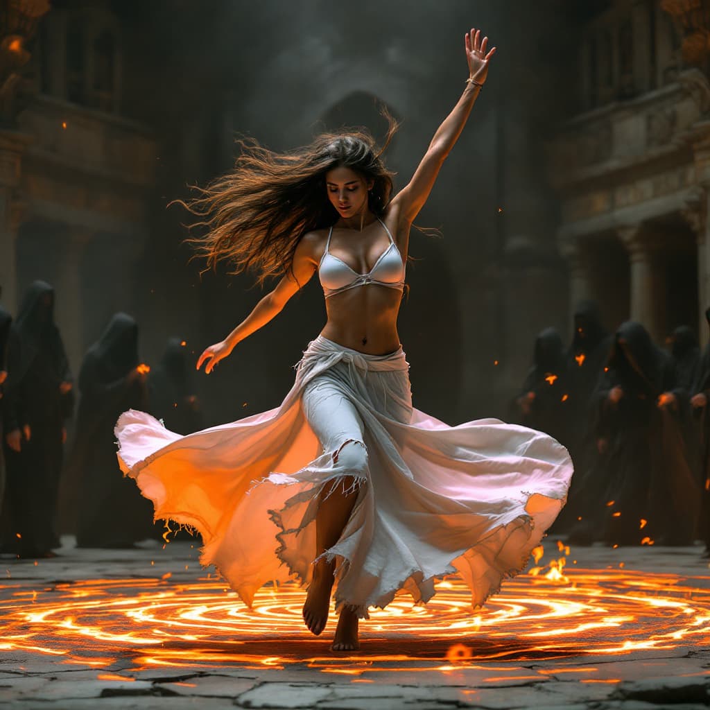AI generated: Whirling dervish woman with long hair, barefoot, dressed white minimal bra and ripped skirt and danc...