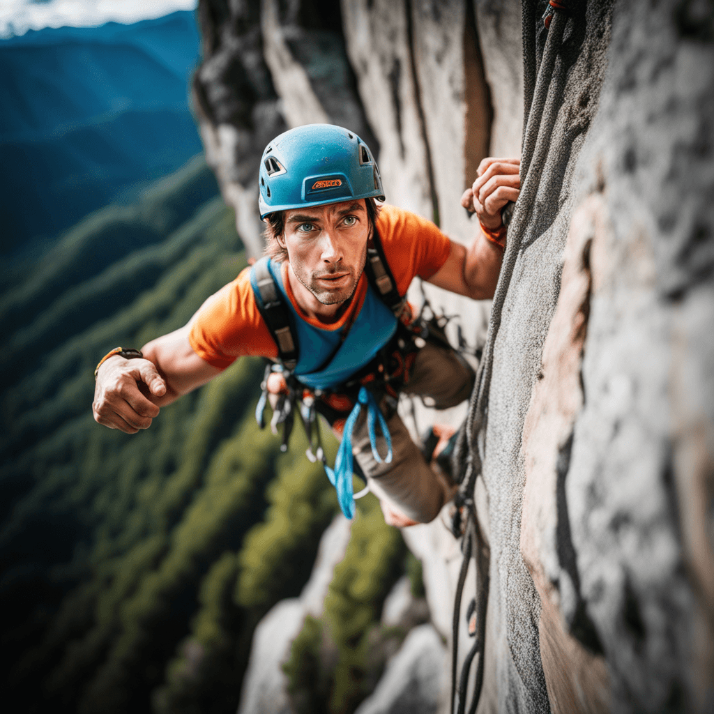 AI generated: A fearless 30-year-old rock climber, wearing climbing gear and a determined expression, clings to th...