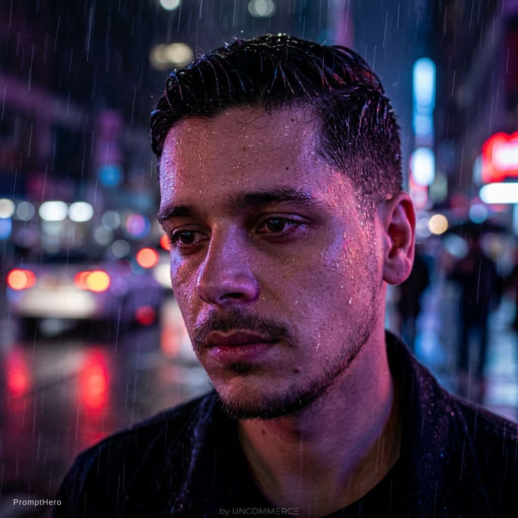AI generated: A cinematic, photorealistic close-up portrait of a man in the rain at night, neon lights reflecting ...