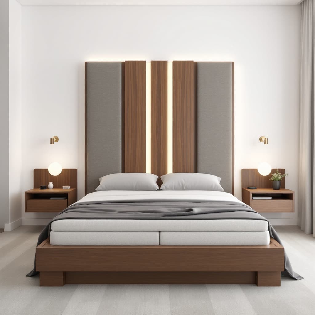 AI generated: "Bedroom with full-length headboard in walnut wood, with a central part upholstered to the floor in ...