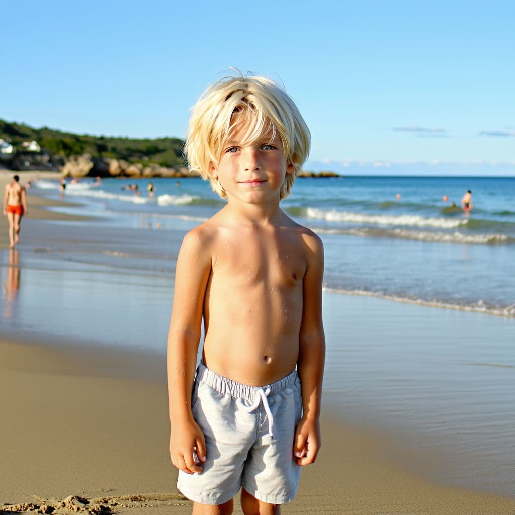AI generated: Blonde kid of 18 years on beach