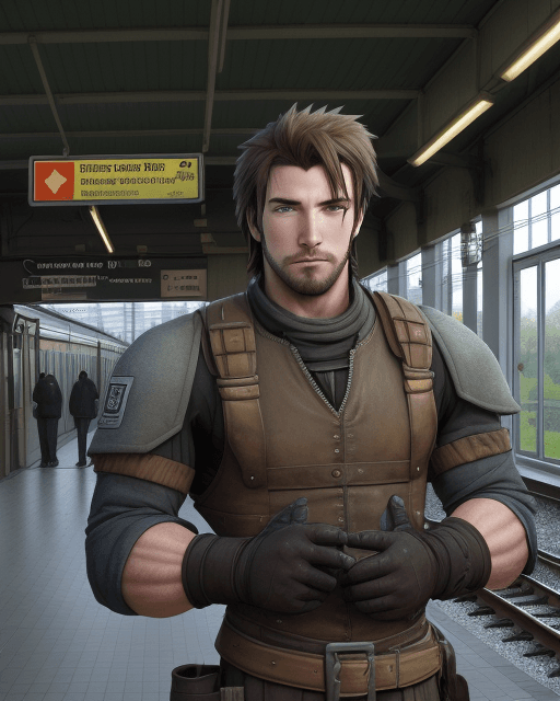 AI generated: barret wallace in a north corel town train station
