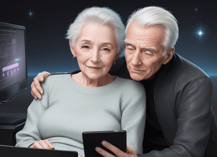 AI generated: Image of a cyber space older man younger woman love
