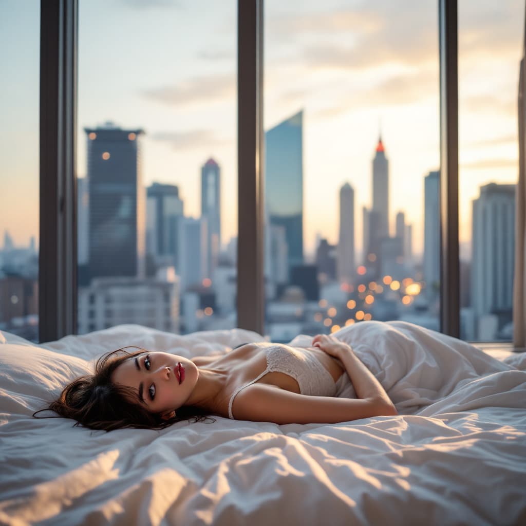 AI generated: A young 1/4 american - 3/4 Japanese woman, model, laying down on a white bed, inside her apartment b...