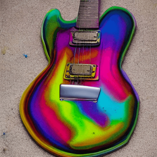AI generated: a photograph of a guitar two pickups melting into rainbow paint that spills across the floor, photor...