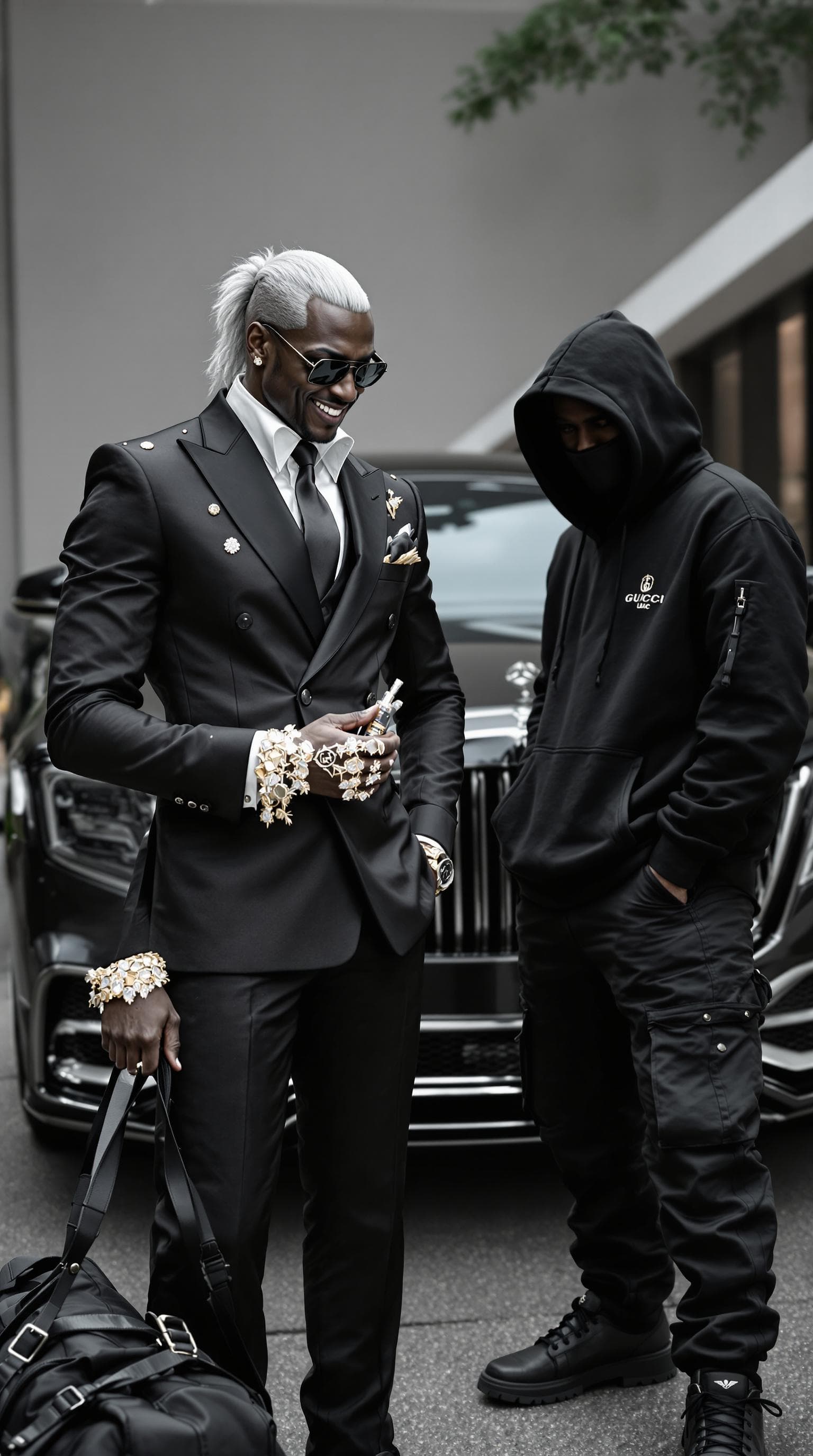 AI generated: A sleek silver fox-headed man, dressed in a custom Gucci suit with subtle golden details, smirks whi...
